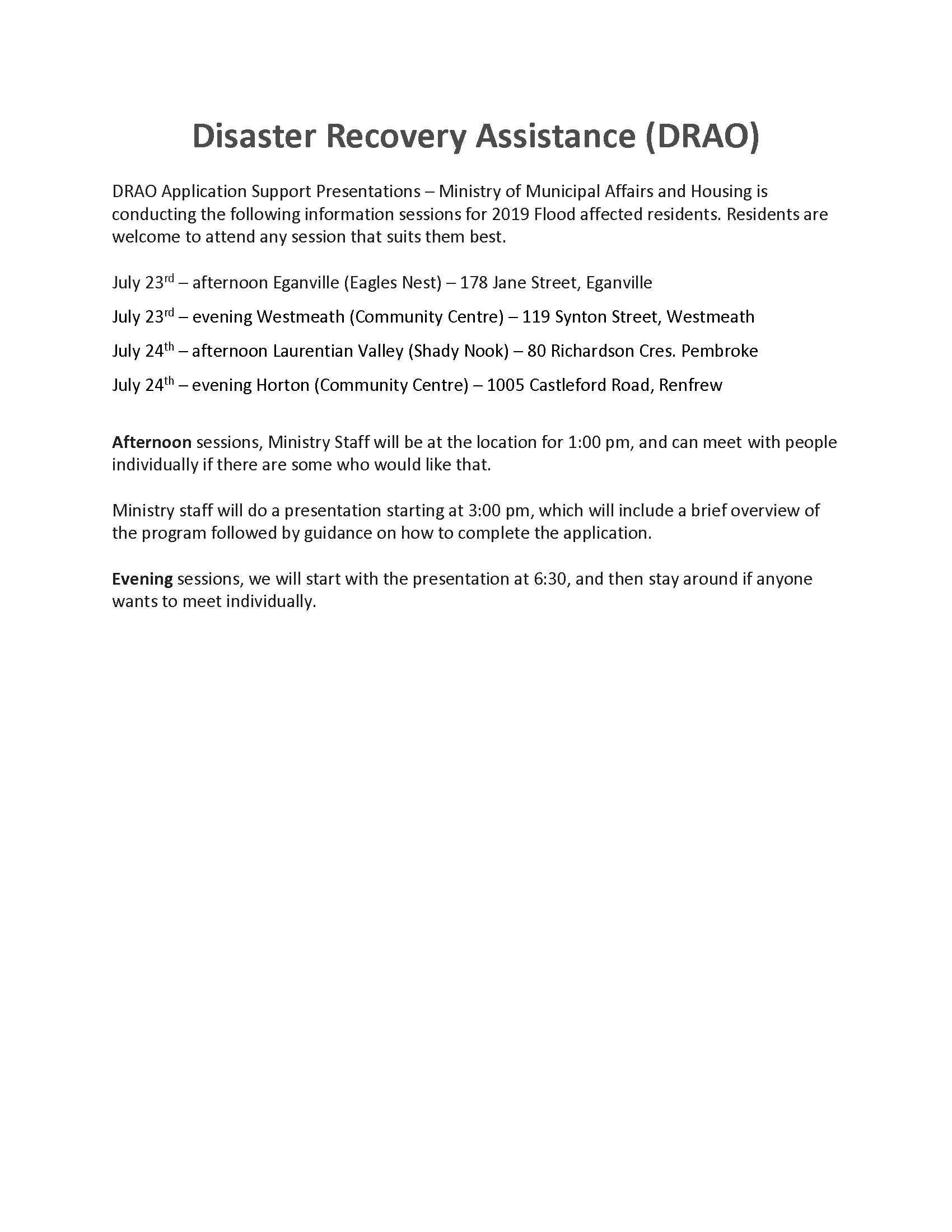 Disaster Recovery Assistance Session Township of McNab/Braeside